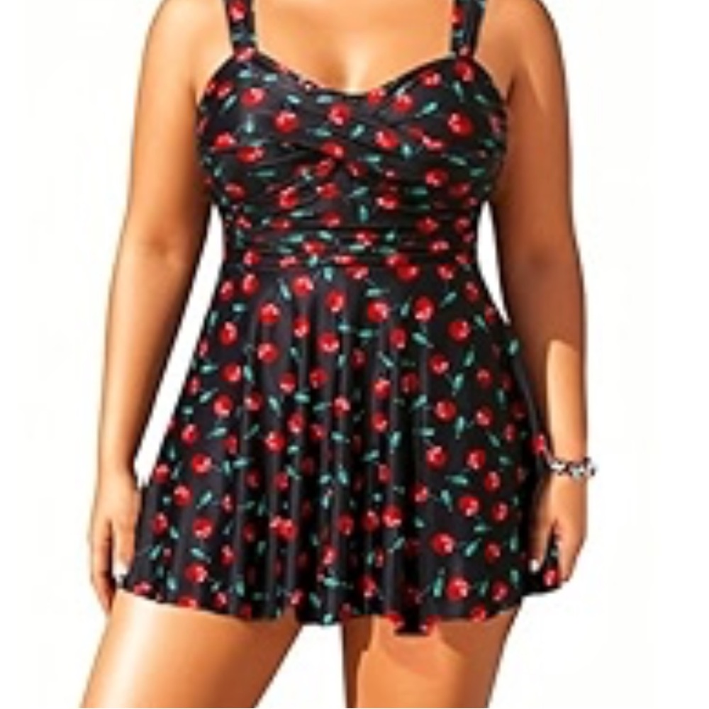 Aqua Black Cherry-Print One-Piece Swim Dress